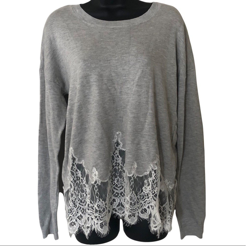 Francesca’s Alya gray long sleeve sweater white see thru lace bottom medium